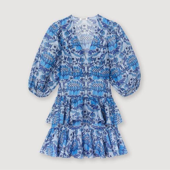 SANDRO PARIS Eyana Yana Scarf Print Blue Fit and Flare Dress Flounce 2 - Picture 1 of 16